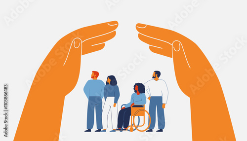 Human hands create secure environment via home roof gesture above people. Two arms protect and care about men and women. Legal defense, shelter, medical and life insurance for civil persons. Vector