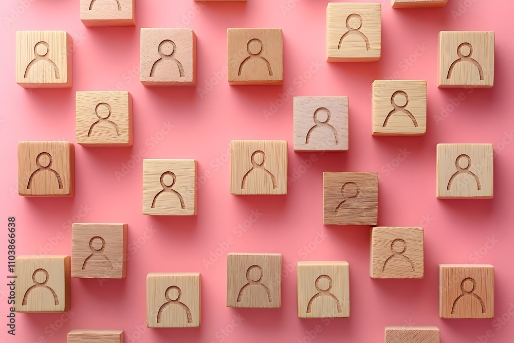 Engraved Wooden Workforce Unity Icons on Pink Background Engraved Wooden Workforce Unity Icons on Pink Background