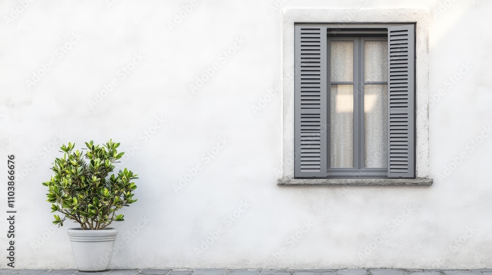 Fototapeta premium Serene Window and Plant on White Wall - A tranquil scene featuring a closed window with roller shutters, a potted plant, and a whitewashed wall. Symbolizes peace, simplicity, home, nature, and serenit