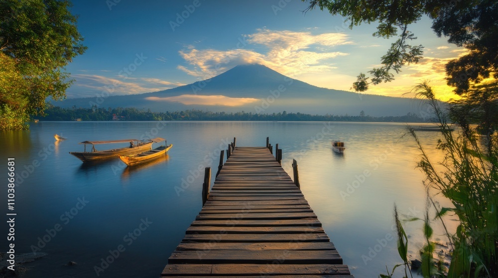 Fototapeta premium Serene Sunrise Lake View With Wooden Dock And Boats
