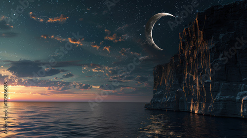 Celestial cliffside with a crescent moon 3D render