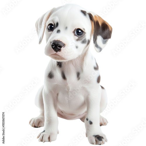 Cute Dalmatian white puppy sitting, PNG file isolated on a white or transparent background.