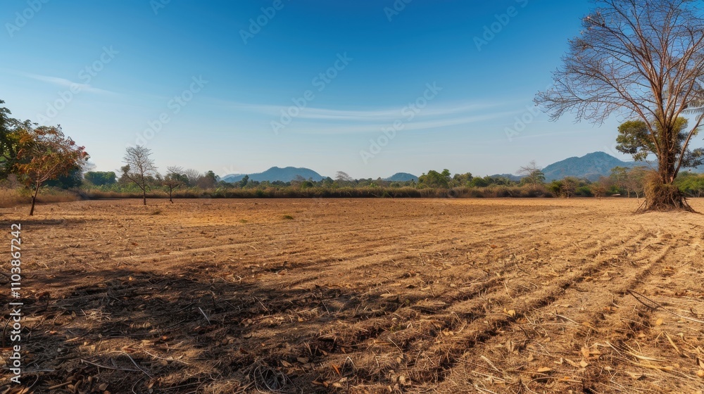 Serene Rural Landscape: A breathtaking panorama of a sun-drenched field, showcasing the raw beauty of nature. The rich, brown earth, freshly tilled and ready for planting. Serene Rural Landscape: A breathtaking panorama of a sun-drenched field, showcasing the raw beauty of nature. The rich, brown earth, freshly tilled and ready for planting.