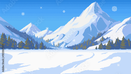 Pixel art mountains seamless background. Landscape with mountain peaks, forest and falling snow. Vector cartoon backdrop for game or application.