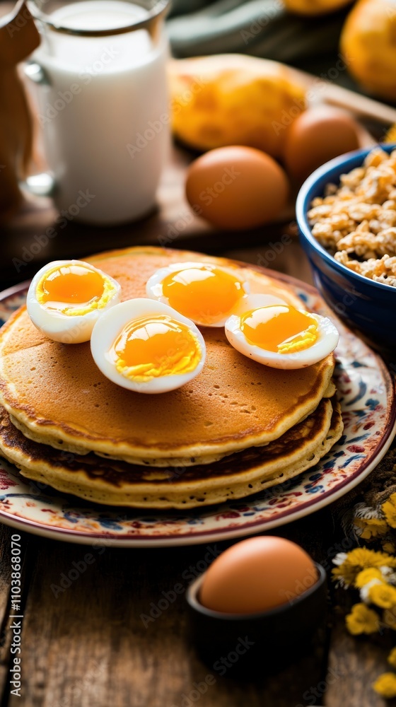 A delicious stack of pancakes topped with soft-boiled eggs and accompanied by milk and ingredients. A delicious stack of pancakes topped with soft-boiled eggs and accompanied by milk and ingredients.