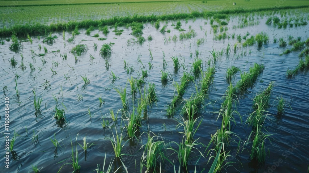 Flooded Rice Fields: A breathtaking aerial view of a flooded rice paddy field in the midst of a storm, showcasing the resilience of nature and the beauty of agriculture. Flooded Rice Fields: A breathtaking aerial view of a flooded rice paddy field in the midst of a storm, showcasing the resilience of nature and the beauty of agriculture.