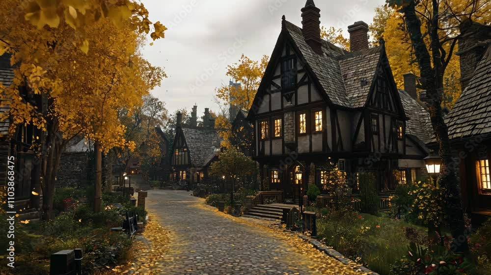 Charming autumn village with cobblestone streets and historic houses under a cloudy sky Charming autumn village with cobblestone streets and historic houses under a cloudy sky