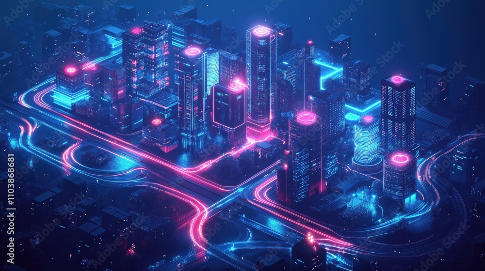 Fototapeta premium A cityscape with neon lights and buildings
