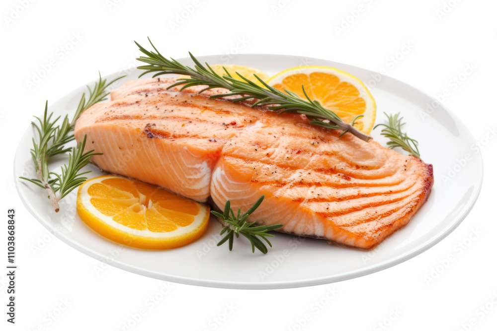 A vibrant fresh salmon steak with its rich orange color, garnished with a slice of lemon and sprigs of rosemary, beautifully arranged on a white plate. A vibrant fresh salmon steak with its rich orange color, garnished with a slice of lemon and sprigs of rosemary, beautifully arranged on a white plate.