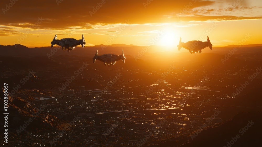 Drones soar against a vibrant sunset, gliding over a cityscape, capturing a moment of technological harmony with nature. Drones soar against a vibrant sunset, gliding over a cityscape, capturing a moment of technological harmony with nature.