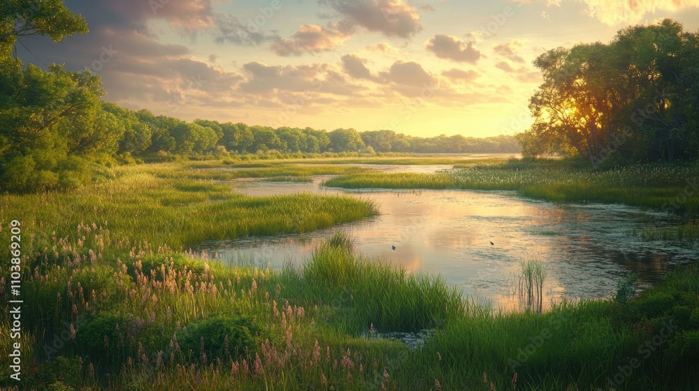 Serene sunset over tranquil lake and lush greenery. Serene sunset over tranquil lake and lush greenery.