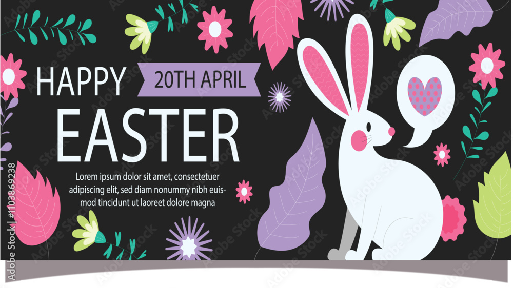 Fototapeta premium Modern Easter Greeting Card with Decorative Eggs and Bow Illustrations black background 
