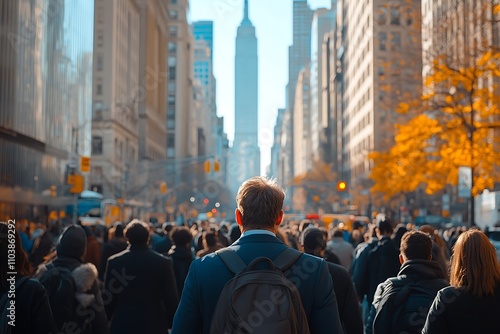 Fall Foliage, City Backdrop New York Man Walking