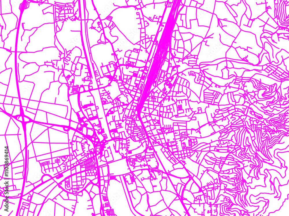 Obraz premium Neon Style Road Map overlay of Offenburg, Germany in in Bright Pink.