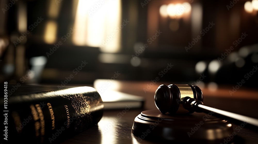 Gavel and Law Book on Judge's Desk in Courtroom