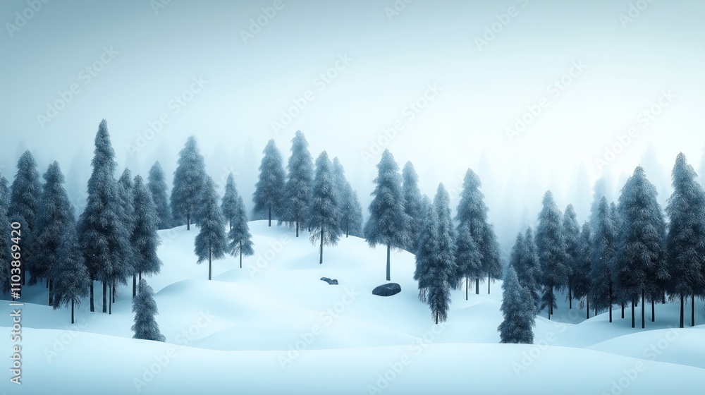 Fototapeta premium Winter landscape with snow-covered pine trees in a serene forest environment. Soft fog envelops the background, creating a tranquil and calm atmosphere, enhancing the sense of solitude.