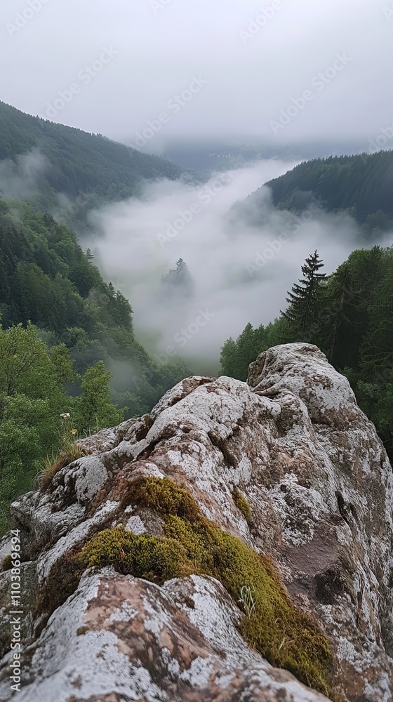 Misty Mountain Valley with Lush Forest and Rocks Misty Mountain Valley with Lush Forest and Rocks