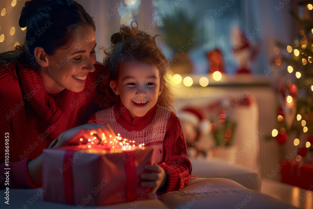 A smiling excited little girl along with her mother opening a wrapped gift on Christmas A smiling excited little girl along with her mother opening a wrapped gift on Christmas