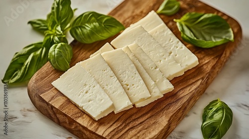 Sliced White Cheese with Fresh Basil on Wooden Board photo