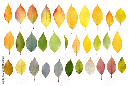 A vibrant collection of freshly picked apple tree leaves, arranged in a natural overlapping pattern. The leaves exhibit varying degrees of light penetration photo