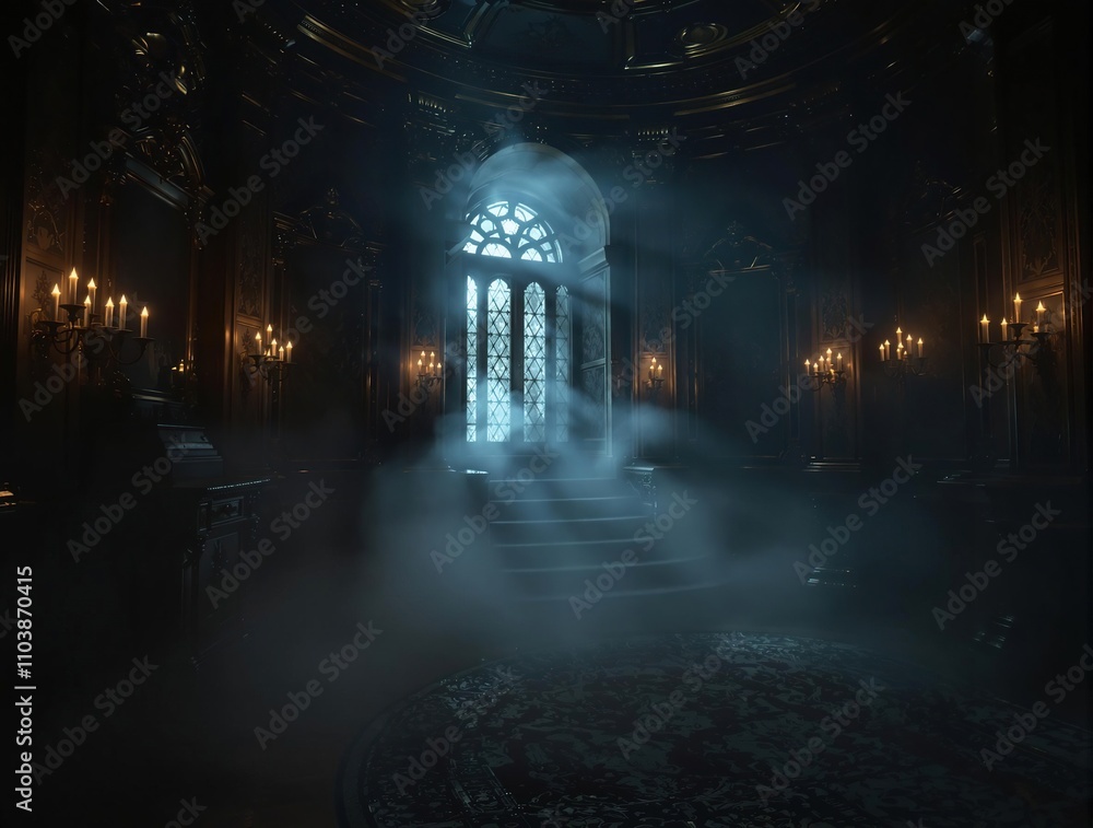 A mysterious fog rolls in over a dimly lit room with old candles scattered around the space, mysterious environment., mystical ambiance, dimly lit room