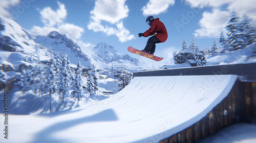 Action shot of a snowboarder performing a jump over a snowy ramp, showcasing their gear photo