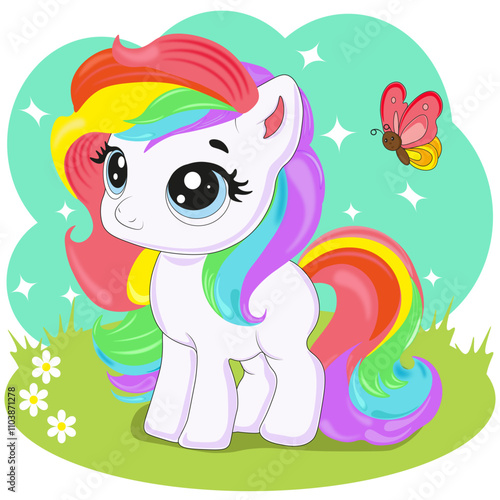 Little pony. Children's drawing.  Little bright pony
