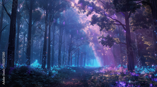 Dreamy forest with bioluminescent trees 3D render