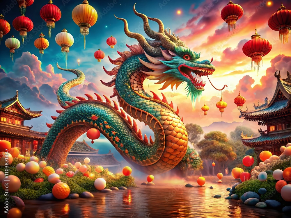 Fototapeta premium Surreal Celebration of the 2024 Chinese New Year Featuring a Majestic Dragon Zodiac Amidst Vibrant Festivities and Dreamlike Landscapes for a Unique Cultural Experience