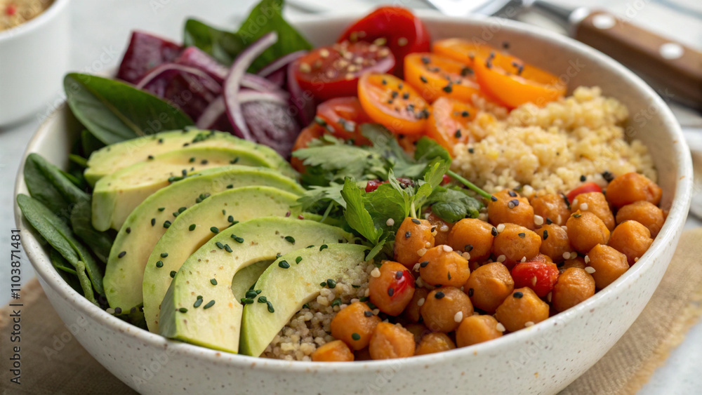 Close-up of a vegan Buddha bowl with chickpeas, quinoa, avocado, and leafy greens Close-up of a vegan Buddha bowl with chickpeas, quinoa, avocado, and leafy greens