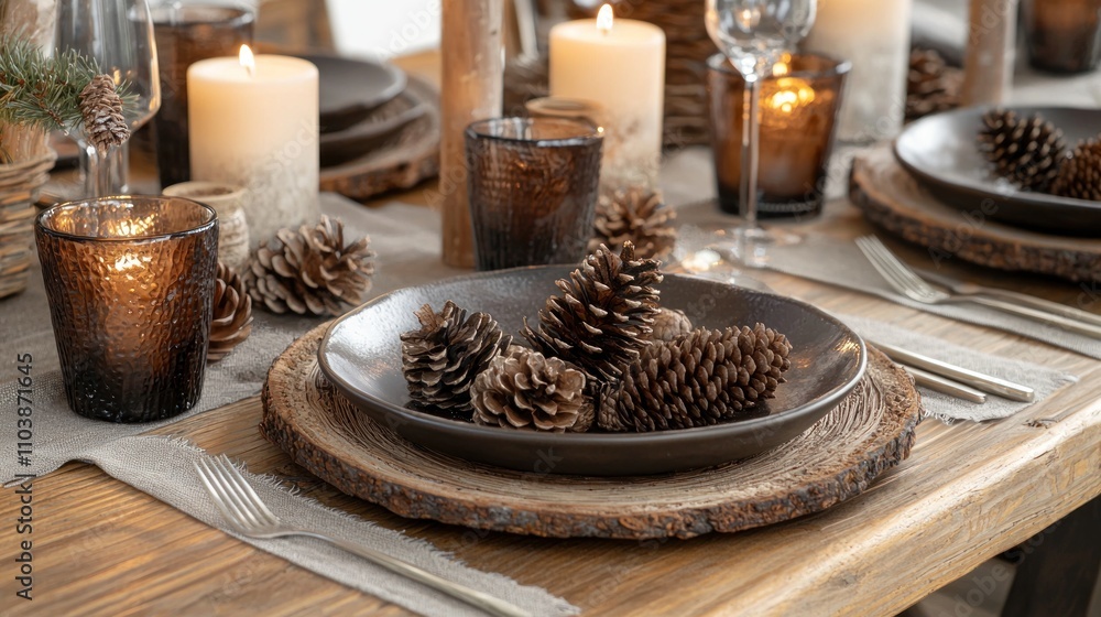 New Year’s table setting in a farmhouse style, with natural wood, candles, and pine cones. New Year’s table setting in a farmhouse style, with natural wood, candles, and pine cones.