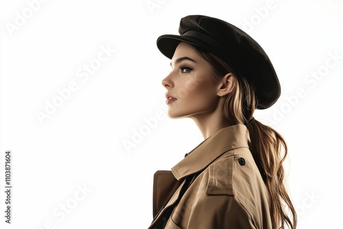 Woman, tan trench coat, black cap, profile view.