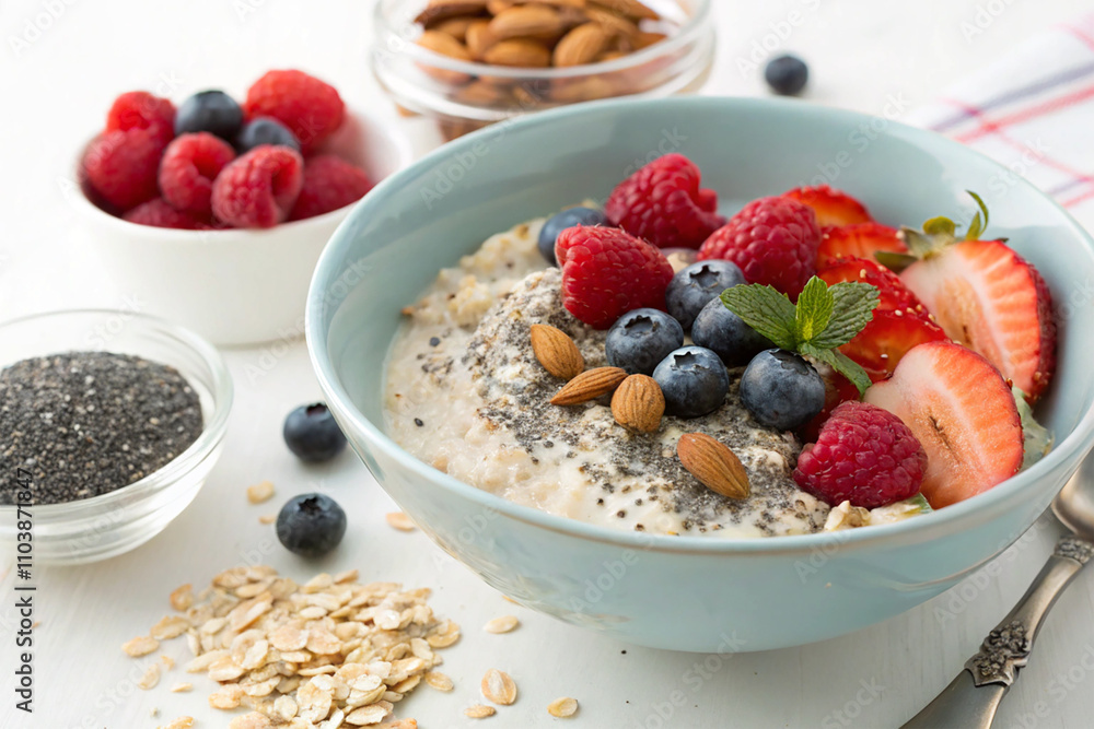 Nutritious breakfast with oatmeal, berries, chia seeds, and almond milk in bowl Nutritious breakfast with oatmeal, berries, chia seeds, and almond milk in bowl