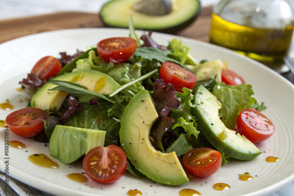 Fresh salad with mixed greens, avocado, tomatoes, cucumbers, and olive oil dressing on plate Fresh salad with mixed greens, avocado, tomatoes, cucumbers, and olive oil dressing on plate