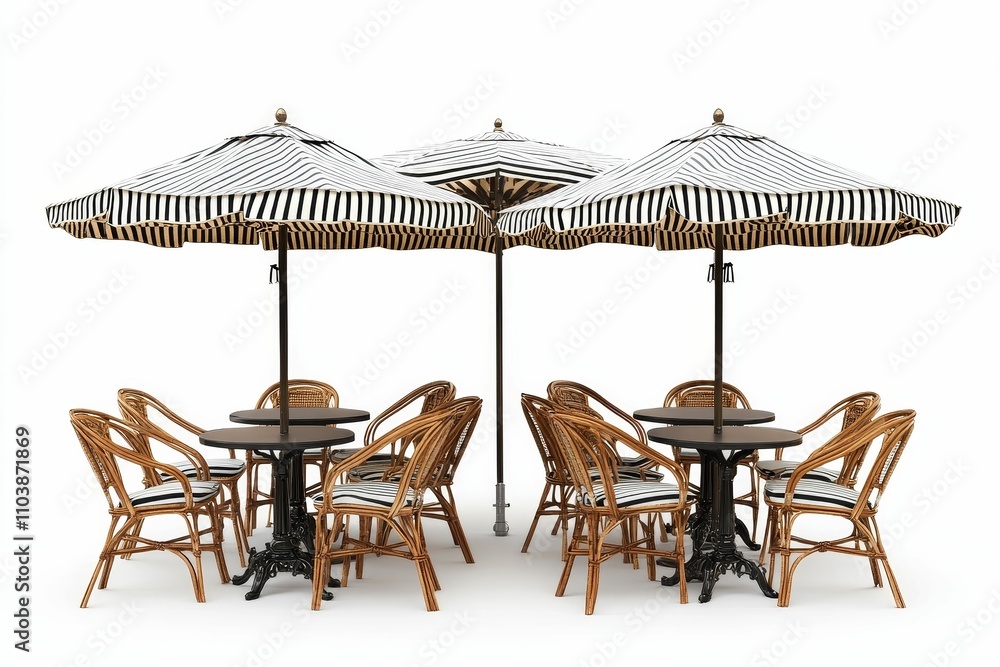 Outdoor café setting; striped umbrellas, wicker chairs. Outdoor café setting; striped umbrellas, wicker chairs.