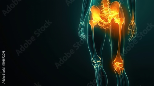 A glowing representation of a human leg, highlighting the hip and knee joints with vibrant orange and blue colors against a dark background.