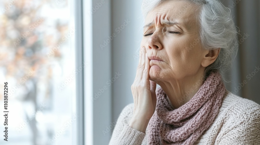 elderly woman near a window holding her throat with a pained expression bright living room with soft daylight elderly woman near a window holding her throat with a pained expression bright living room with soft daylight
