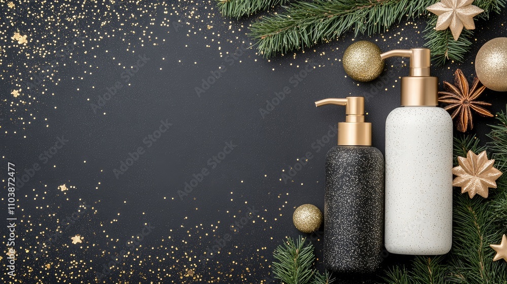 Two sleek black cosmetic bottles with gold pumps are displayed on a reflective surface, accented by glitter and pinecones in a festive atmosphere perfect for winter celebrations Two sleek black cosmetic bottles with gold pumps are displayed on a reflective surface, accented by glitter and pinecones in a festive atmosphere perfect for winter celebrations