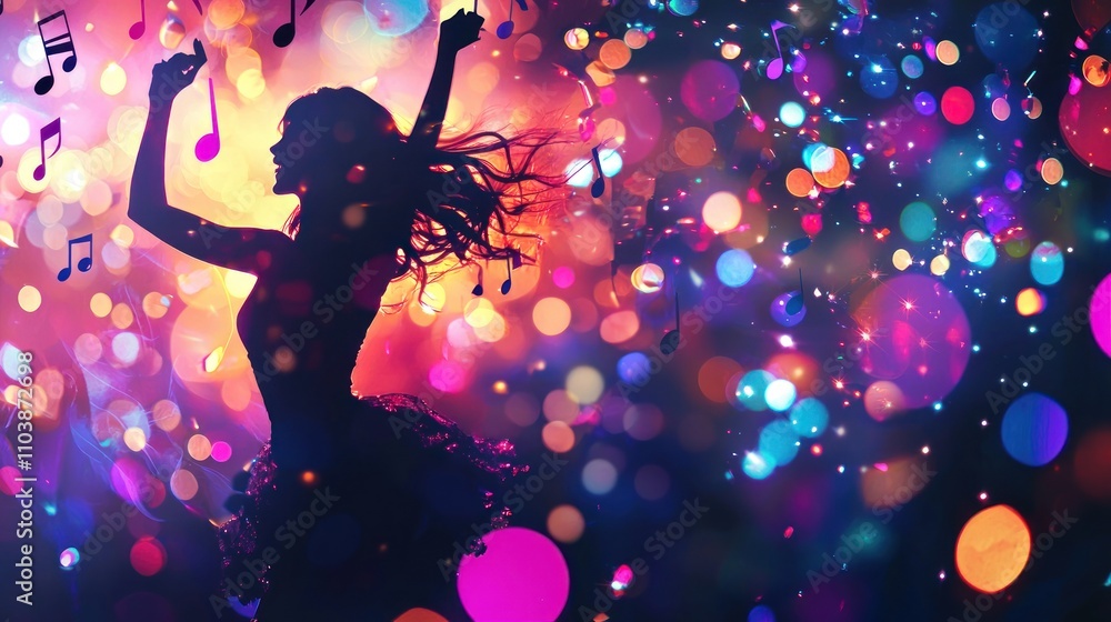 New Year's party background with colorful lights, music notes, and dancing silhouettes. New Year's party background with colorful lights, music notes, and dancing silhouettes.