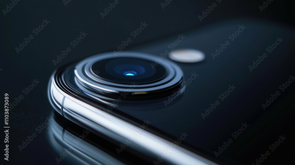 Smartphone lens close-up with detailed reflections and metallic edges Smartphone lens close-up with detailed reflections and metallic edges