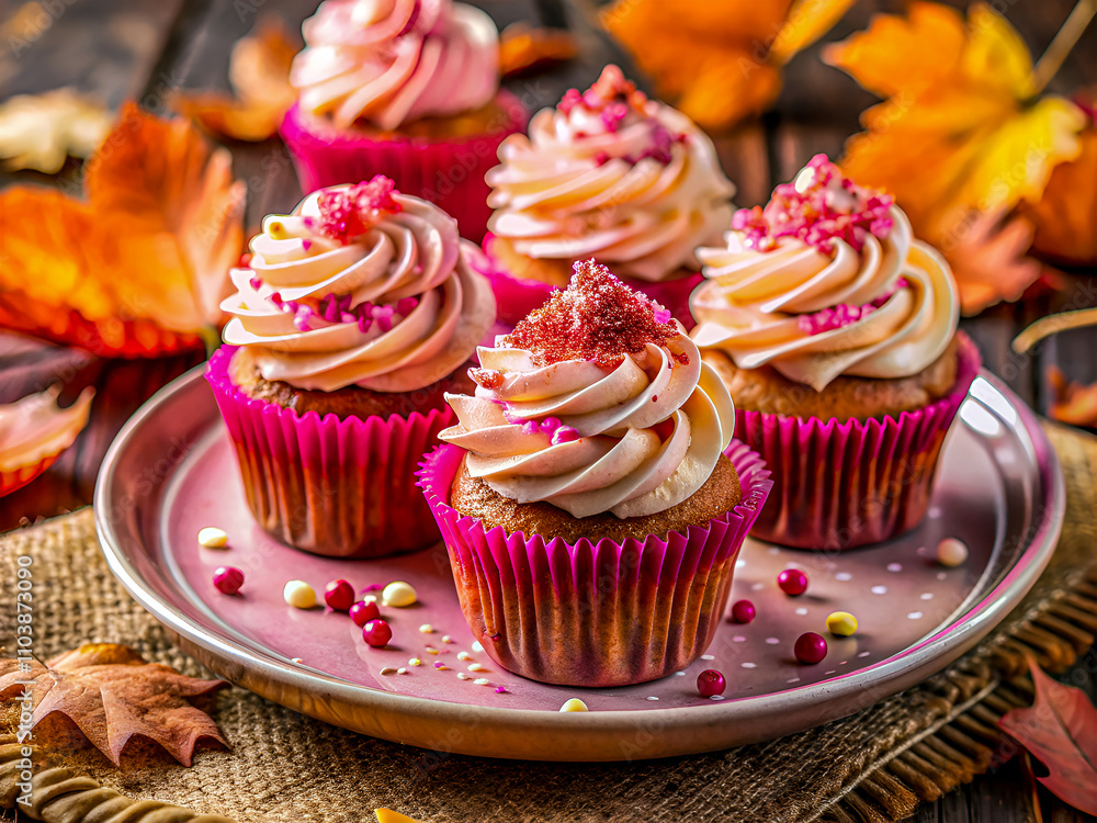 Delicious elegant Pink Velvet Cupcakes on a decorative plate, topped with cream cheese frosting and pink sprinkles. Food background Delicious elegant Pink Velvet Cupcakes on a decorative plate, topped with cream cheese frosting and pink sprinkles. Food background