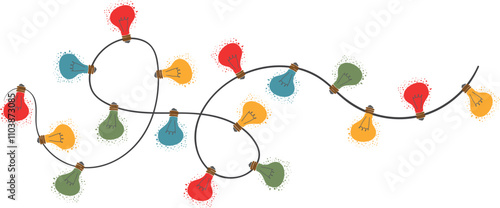 Christmas garland in trendy groovy retro style. String of colorful holiday lights. Happy New year and Merry Christmas pattern. 70s Vibes groovy garland. Vector Illustration. For greeting card design.