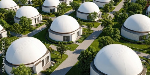 environmental consideration energy nature concept Modern dome houses in a green community setting viewed from above. photo