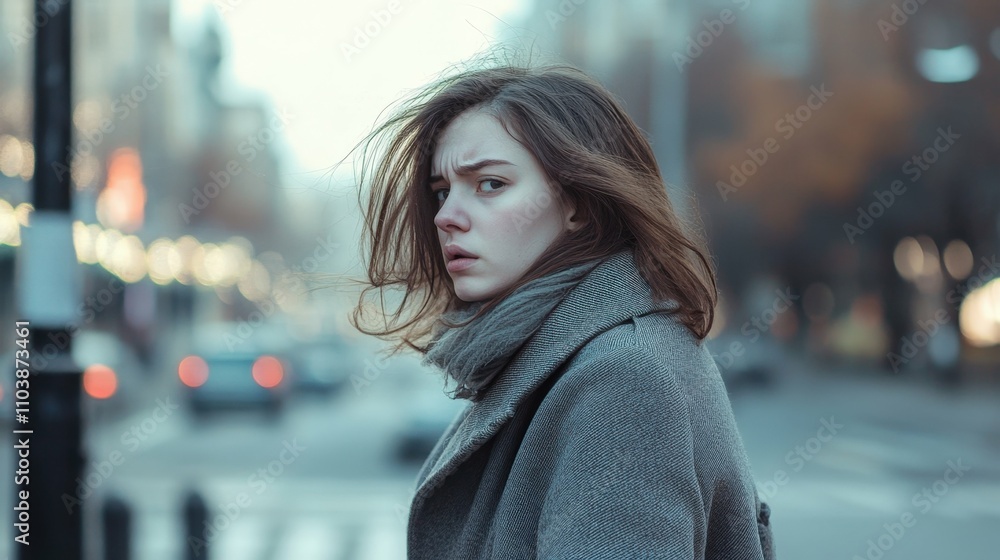 young woman in a gray coat coughing outdoors urban blurred street background with daylight