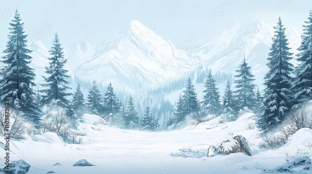 A breathtaking winter landscape with snow-capped mountains and a serene forest A breathtaking winter landscape with snow-capped mountains and a serene forest
