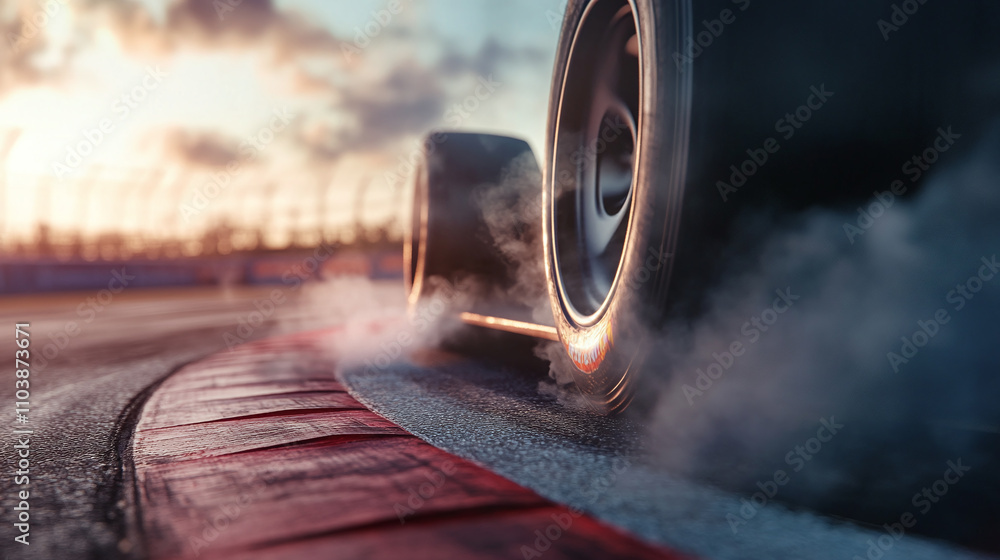 .Close-up of tire smoke as a racing car makes a sharp turn. .Close-up of tire smoke as a racing car makes a sharp turn.
