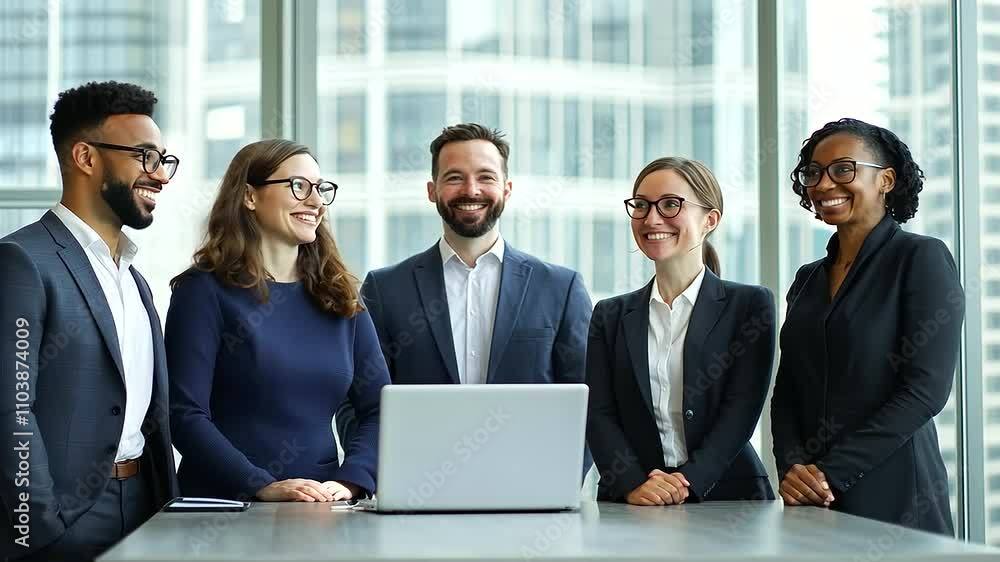 Business Team in Office Collaborating Around Modern Table Business Team in Office Collaborating Around Modern Table