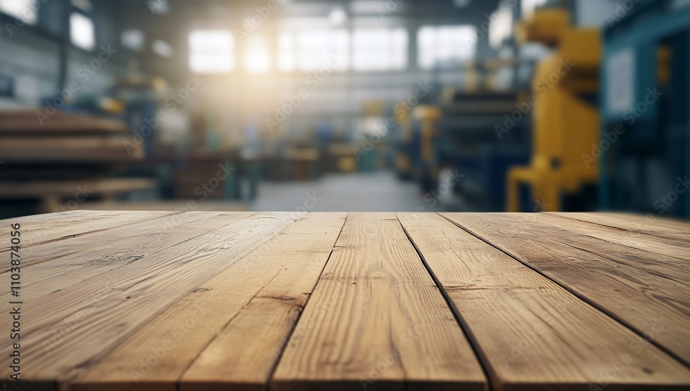 A wooden table in a spacious industrial setting with machinery. A wooden table in a spacious industrial setting with machinery.