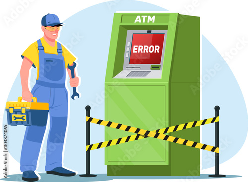 ATM repair service, employee repairs broken ATM machine