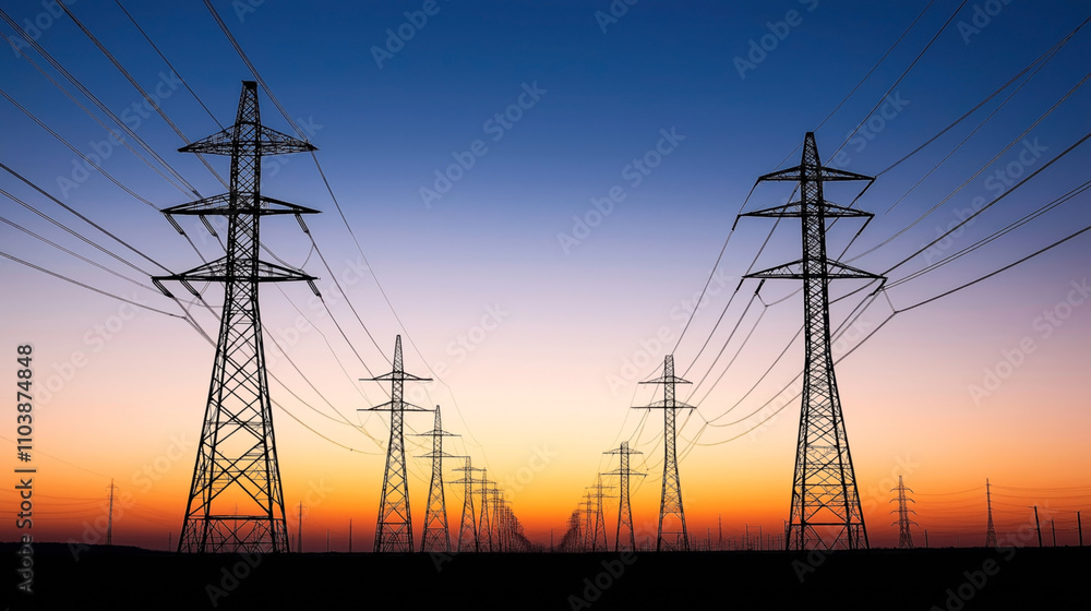 Fototapeta premium Silhouetted high voltage power lines and transmission towers against a vibrant sunset sky with a gradient from orange to blue.